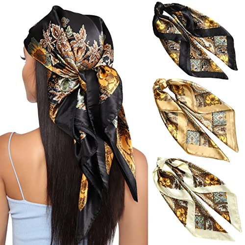 AWAYTR 35” Large Square Satin Head Scarf - 3Pcs Satin Hair Scarves Silk Bandana Scarf Beach Headscarf Silk Feeling Scarf for Women Hair Wrap Neck Scarf Cashew(Camel/Black/Beige)