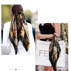 AWAYTR 35” Large Square Satin Head Scarf - 3Pcs Satin Hair Scarves Silk Bandana Scarf Beach Headscarf Silk Feeling Scarf for Women Hair Wrap Neck Scarf Cashew(Camel/Black/Beige)