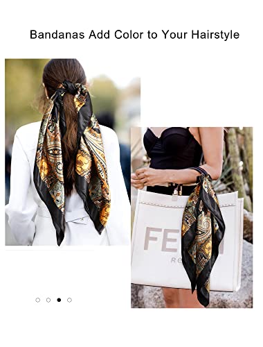 AWAYTR 35” Large Square Satin Head Scarf - 3Pcs Satin Hair Scarves Silk Bandana Scarf Beach Headscarf Silk Feeling Scarf for Women Hair Wrap Neck Scarf Cashew(Camel/Black/Beige)