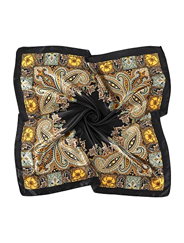 AWAYTR 35” Large Square Satin Head Scarf - 3Pcs Satin Hair Scarves Silk Bandana Scarf Beach Headscarf Silk Feeling Scarf for Women Hair Wrap Neck Scarf Cashew(Camel/Black/Beige)