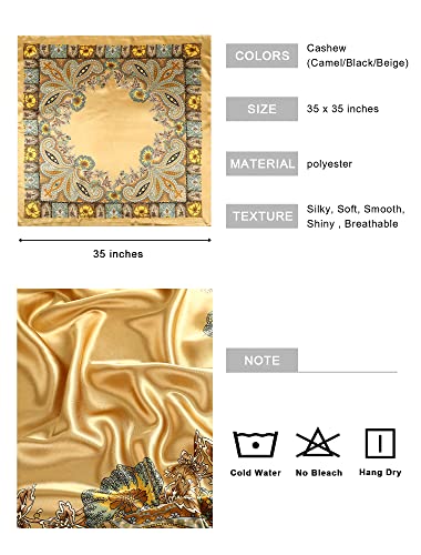 AWAYTR 35” Large Square Satin Head Scarf - 3Pcs Satin Hair Scarves Silk Bandana Scarf Beach Headscarf Silk Feeling Scarf for Women Hair Wrap Neck Scarf Cashew(Camel/Black/Beige)