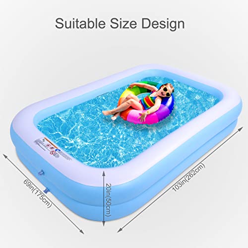 Inflatable Blow Up Kiddie Pool Family Swimming Pool 103" X 69" X 20" Family Full Size Rectangular Pool Paddling Water Splashing Ball Pool for Kids Toddler Adult for Outdoor Garden Backyard