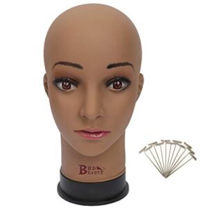 bhd beauty bald mannequin head brown female professional cosmetology for wig making, display wigs, eyeglasses, hairs with t pins 22”