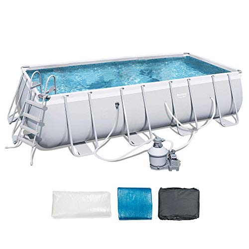 Bestway Power Steel 18' x 9' x 48" Rectangular Metal Frame Above Ground Swimming Pool Set with 1500 GPH Sand Filter Pump, Ladder, and Pool Cover