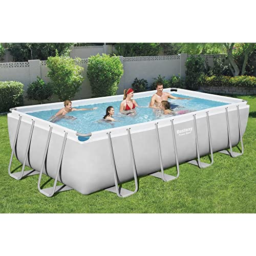 Bestway Power Steel 18' x 9' x 48" Rectangular Metal Frame Above Ground Swimming Pool Set with 1500 GPH Sand Filter Pump, Ladder, and Pool Cover