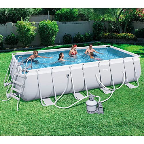 Bestway Power Steel 18' x 9' x 48" Rectangular Metal Frame Above Ground Swimming Pool Set with 1500 GPH Sand Filter Pump, Ladder, and Pool Cover