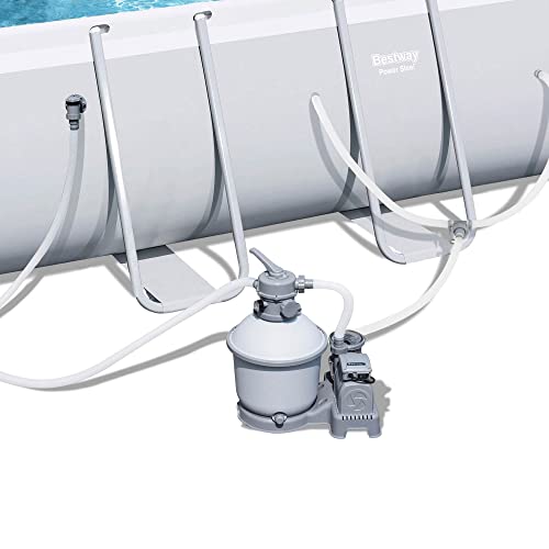 Bestway Power Steel 18' x 9' x 48" Rectangular Metal Frame Above Ground Swimming Pool Set with 1500 GPH Sand Filter Pump, Ladder, and Pool Cover