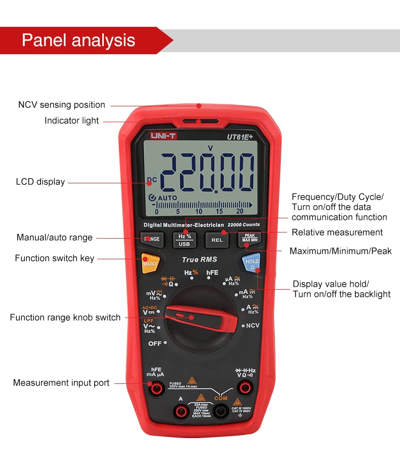 UNI-T Digital Multimeter UT61E+ 22000 Counting AC and DC Current Multimeter High-Frequency Response Measurement Can accurately Measure Changes in weak Signals