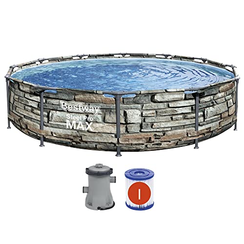 Bestway 56817E 12' x 30" Steel Pro Max Round Steel Frame 5-Person 1,710 Gallon Above Ground Swimming Pool Kit with Filter Pump and Filter, Stone Print