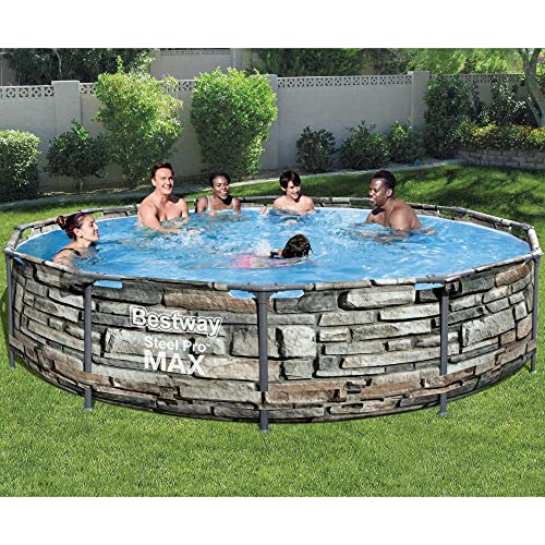 Bestway 56817E 12' x 30" Steel Pro Max Round Steel Frame 5-Person 1,710 Gallon Above Ground Swimming Pool Kit with Filter Pump and Filter, Stone Print