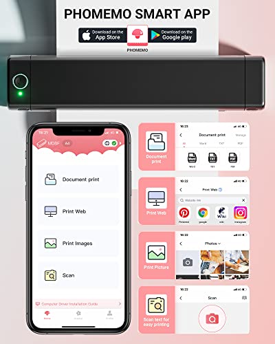 Portable Bluetooth Wireless Thermal Mobile-Printer - Compact Inkless Printer for Travel, Support Phone & Laptop, Small Printers for Home Use Vehicles Office School Tattoo Stencils(8.26"x 11.69")