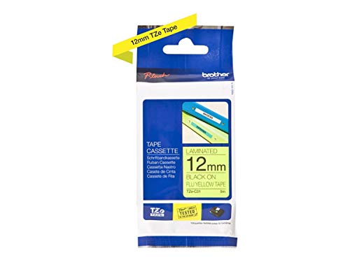 Brother TZe-C31 Labelling Tape Cassette, Black on Fluorescent Yellow, 12 mm (W) x 5 m (L), Laminated, Brother Genuine Supplies