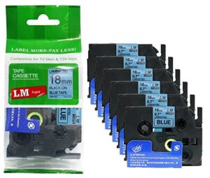 6/pack lm tapes – lme541 premium 3/4″ black print on blue label compatible with brother tze541 p-touch tape includes tape color/size guide. replaces tz-541 18mm 0.7 laminated