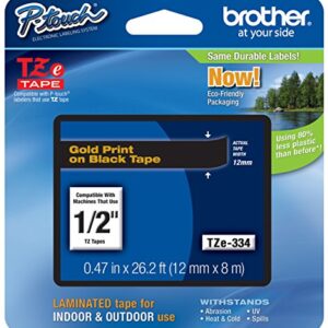 Brother Genuine TZe-334 1/2" Gold on Black Standard Laminated Tape for P-Touch Labeler, 4 Pack