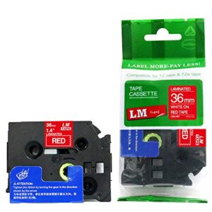 6/pack lme465 premium 1.5″ white print on red label tape, compatible with brother tze-465 p-touch tape 36mm laminated replacement label tape.