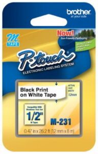 1/2″ (12mm) black on white p-touch m tape for brother pt-55, pt55 label maker