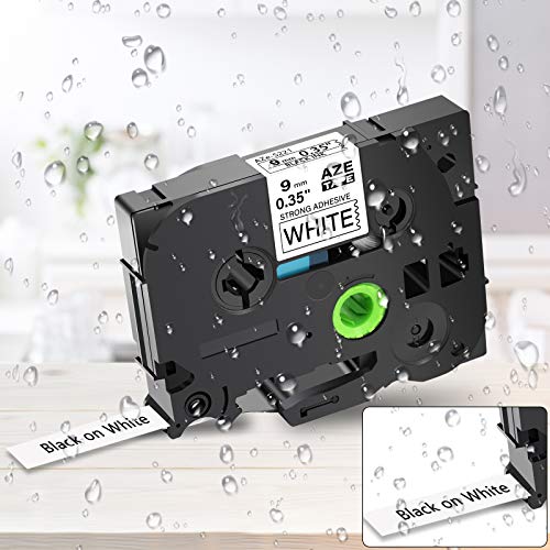 GREENCYCLE Extra Strength Adhesive Black on White Label Tape Compatible for Brother TZE-S221 TZS221 AZES221 0.35 " 9mm for PT-E550W PT2430PC 1890C PT-D210 PTP300BT PT-1010 PTH100 PTH110 D200-60 Pack