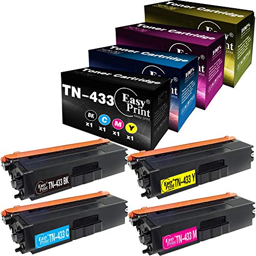 (4-Pack, BK+C+M+Y) Compatible TN-433 TN433BK TN433C TN433M TN433Y TN433 Toner Cartridge Used for Brother HL8260CDN L8360CDWT L9310CDW MFC-L8690CDW L8610CDW L9570CDW(T) Printer, by EasyPrint