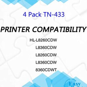 (4-Pack, BK+C+M+Y) Compatible TN-433 TN433BK TN433C TN433M TN433Y TN433 Toner Cartridge Used for Brother HL8260CDN L8360CDWT L9310CDW MFC-L8690CDW L8610CDW L9570CDW(T) Printer, by EasyPrint