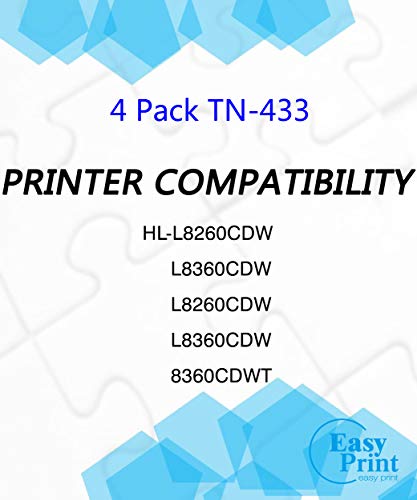 (4-Pack, BK+C+M+Y) Compatible TN-433 TN433BK TN433C TN433M TN433Y TN433 Toner Cartridge Used for Brother HL8260CDN L8360CDWT L9310CDW MFC-L8690CDW L8610CDW L9570CDW(T) Printer, by EasyPrint