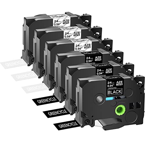 GREENCYCLE 6 Pack TZe-355 TZ355 AZE 355 TZE 155 TZ155 Compatible for Brother Laminated Label Tape White on Black/Clear 24 mm x 8 m 1" 26.2ft for P-Touch PT2430PC PT-P700 PT-P750W Label Makers