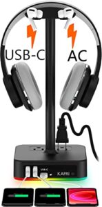 kafri rgb headphone stand with usb a&c charger desk gaming headset holder hanger rack with 3 usb charging port and 2 outlet – suitable for gamer desktop table game earphone accessories boyfriend gifts