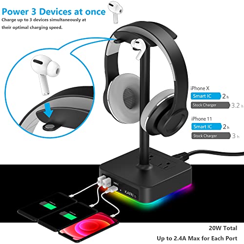 KAFRI RGB Headphone Stand with USB A&C Charger Desk Gaming Headset Holder Hanger Rack with 3 USB Charging Port and 2 Outlet - Suitable for Gamer Desktop Table Game Earphone Accessories Boyfriend Gifts