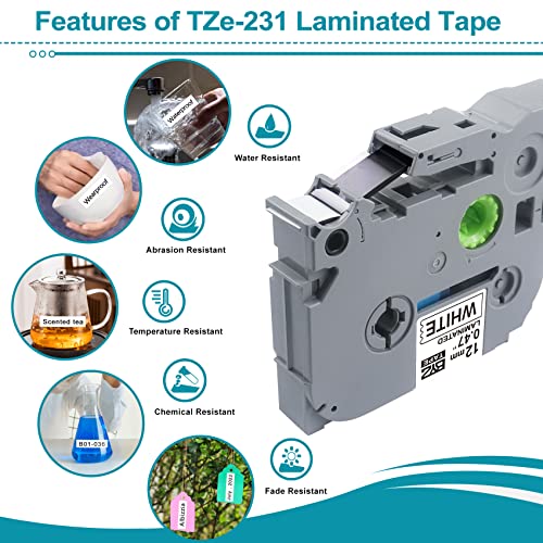 TZ Tape 12mm 0.47 Compatible for Brother P Touch TZe-231 TZe-631 Black on White/Yellow Label Maker Tape for PTD210 PTD220 PTH100