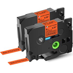 kcmytoner label tape refills compatible for brother p-touch tze-b21 tz b21 laminated black on orange fluorescent 3/8″ 9mm for ptd200, d210 d400 d600 pth100 h110 ptp300bt ptp700 ptp710bt, 2 pack