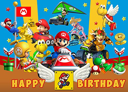 GUOBING Betta Mario Backdrop Kids Happy Birthday Baby Shower for Super Mario Bros Kart Party Backdrop Game Party Photo Video Decoration Background 7x5ft