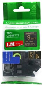 lm tapes – brother pt-1180 3/8″ (9mm 0.35 laminated) gold on black compatible tze p-touch tape for brother model pt1180 label maker with free tape guide included
