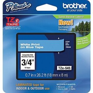 brother tze-545 18mm (0.75 ), length of 8m, white on blue label tape