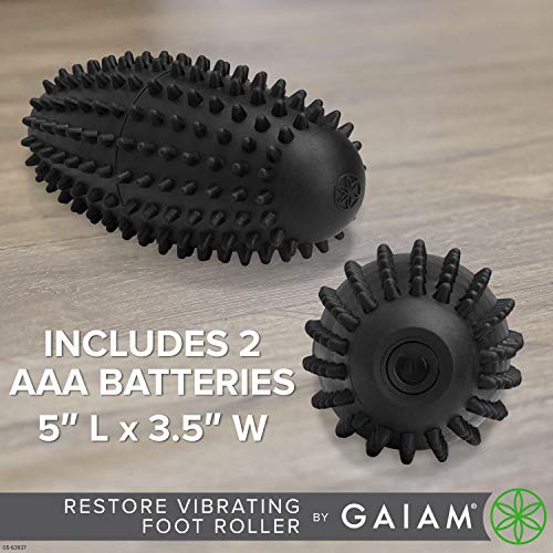 Gaiam Restore Vibrating Foot Roller - Vibration Massage Therapy Ergonomic Textured Massager Ball for Plantar Fasciitis, Myofascial Pain, Arch and Sore Feet (Includes 2 AAA Batteries), Black