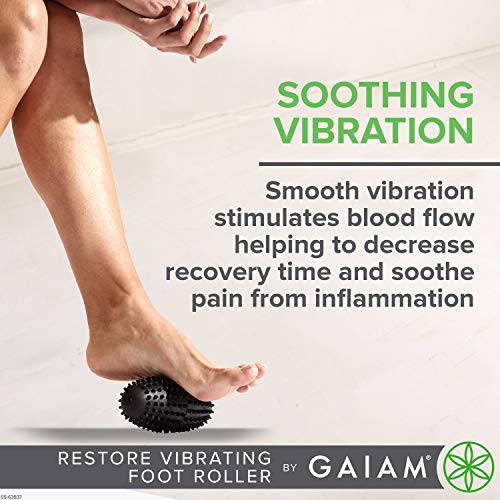 Gaiam Restore Vibrating Foot Roller - Vibration Massage Therapy Ergonomic Textured Massager Ball for Plantar Fasciitis, Myofascial Pain, Arch and Sore Feet (Includes 2 AAA Batteries), Black