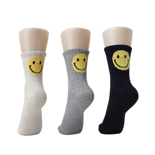 Saebyul 3Pairs Women Yellow Smiley Face Socks Cushioning Crew Soft 3 colors Packs Navy, Oatmeal, Gray