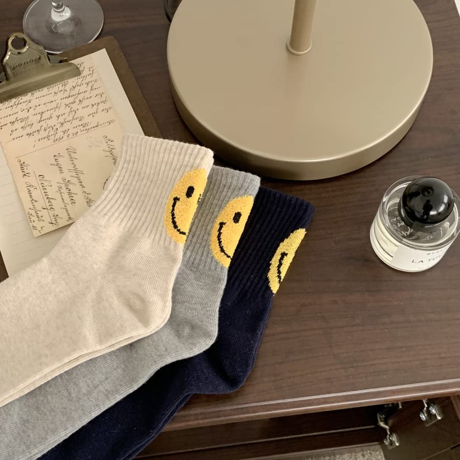 Saebyul 3Pairs Women Yellow Smiley Face Socks Cushioning Crew Soft 3 colors Packs Navy, Oatmeal, Gray