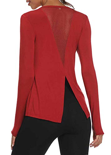 Mippo Long Sleeve Wokout Shirts for Women Yoga Tops Tie Back Tank Tops Thumb Hole Shirts Backless Tops Gym Sweater Workout Clothes Sports Active Exercise Wear for Women 2022 Red L