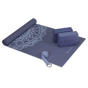 gaiam beginner’s yoga starter kit set (yoga mat, yoga blocks, yoga strap) – light 4mm thick printed non-slip exercise mat for everyday yoga – includes 6ft yoga strap & 2 yoga bricks – purple marrakesh