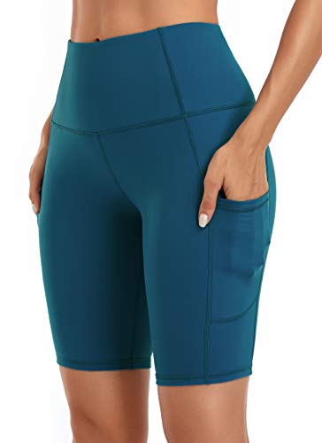 Oalka Women's Short Yoga Side Pockets High Waist Workout Running Shorts Teal L