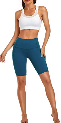 Oalka Women's Short Yoga Side Pockets High Waist Workout Running Shorts Teal L