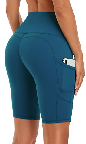 Oalka Women's Short Yoga Side Pockets High Waist Workout Running Shorts Teal L