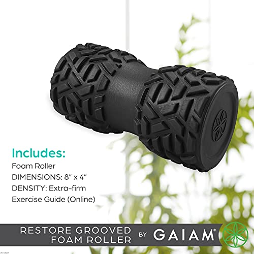 Gaiam Restore Grooved Foam Roller - Cradles The Spine, Calf, or Arms for Deep Muscle Release - Lightly Textured with Padding for Gentle Massage - 8"L x 4"D - Includes Massage Guide