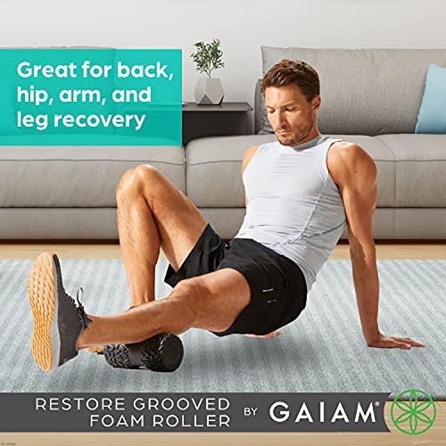Gaiam Restore Grooved Foam Roller - Cradles The Spine, Calf, or Arms for Deep Muscle Release - Lightly Textured with Padding for Gentle Massage - 8"L x 4"D - Includes Massage Guide