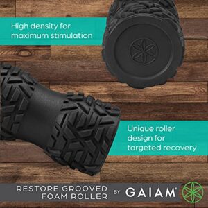 Gaiam Restore Grooved Foam Roller - Cradles The Spine, Calf, or Arms for Deep Muscle Release - Lightly Textured with Padding for Gentle Massage - 8"L x 4"D - Includes Massage Guide