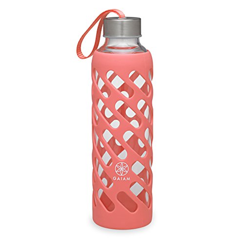 Gaiam Water Bottle Sure-Grip Glass Bottle with Protective Silicone Sleeve, Guava, 20 oz