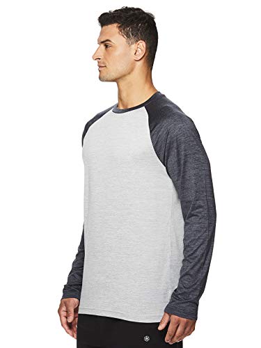 Gaiam Men's Long Sleeve Relaxed Fit T Shirt - Yoga & Workout Activewear Top - Sleet Heather/Ebony Heather Champion, Medium