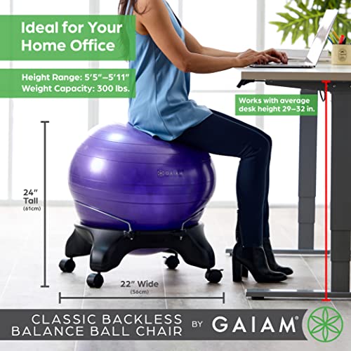 Gaiam Classic Backless Balance Ball Chair – Exercise Stability Yoga Ball Premium Ergonomic Chair for Home and Office Desk with Air Pump, Exercise Guide and Satisfaction Guarantee, Green