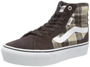 vans women’s hi-top platform sneaker, suede plaid mix brown/white, 8