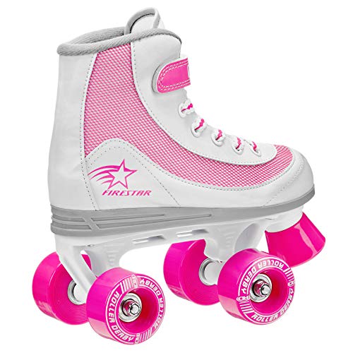 Roller Derby Firestar Youth Girl's Quad Roller Skates, White/Pink, Size 13