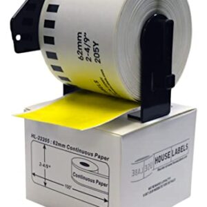 HOUSELABELS Compatible with DK-2205 Replacement Roll for Brother QL Label Printers; Yellow Continuous Length Labels; 2-4/9" x 100 feet (62mm*30.48m) with 1 Reusable Cartridge - 5 Rolls